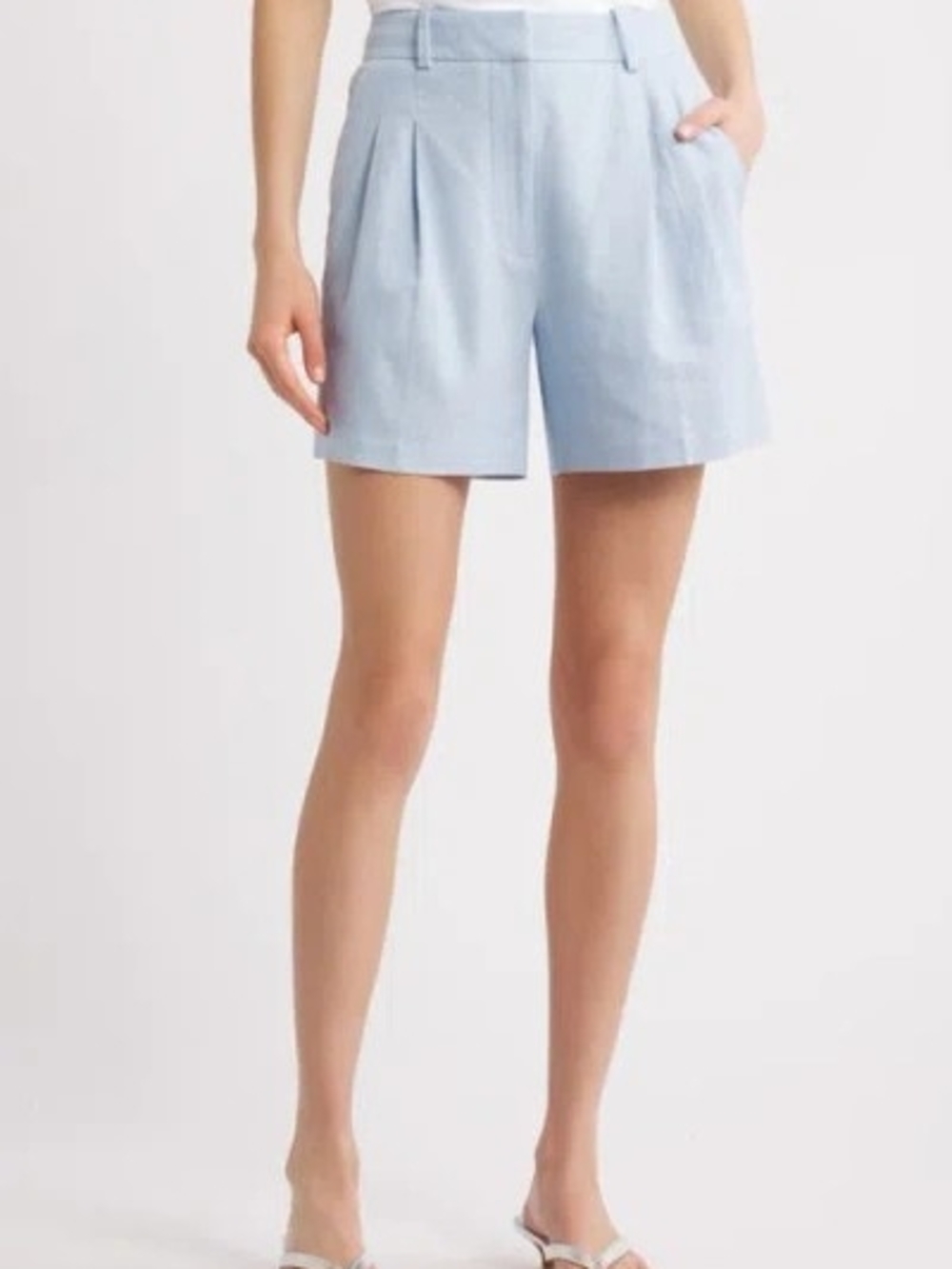 Open Edit Everyday Pleated Linen Blend Shorts In Blue